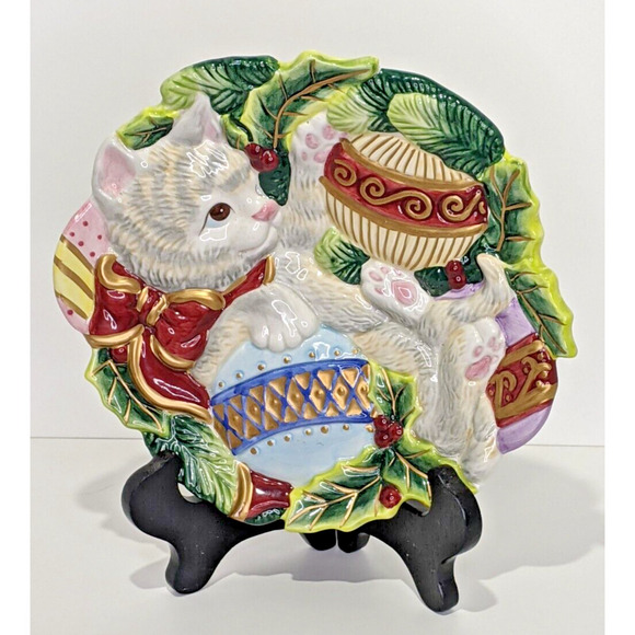Fitz And Floyd Christmas Cat Kitten 3D Decor Plate Cookie Appetizer 9 X 9" - Picture 1 of 4